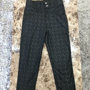 Black Flower Printed Leather Jeans.